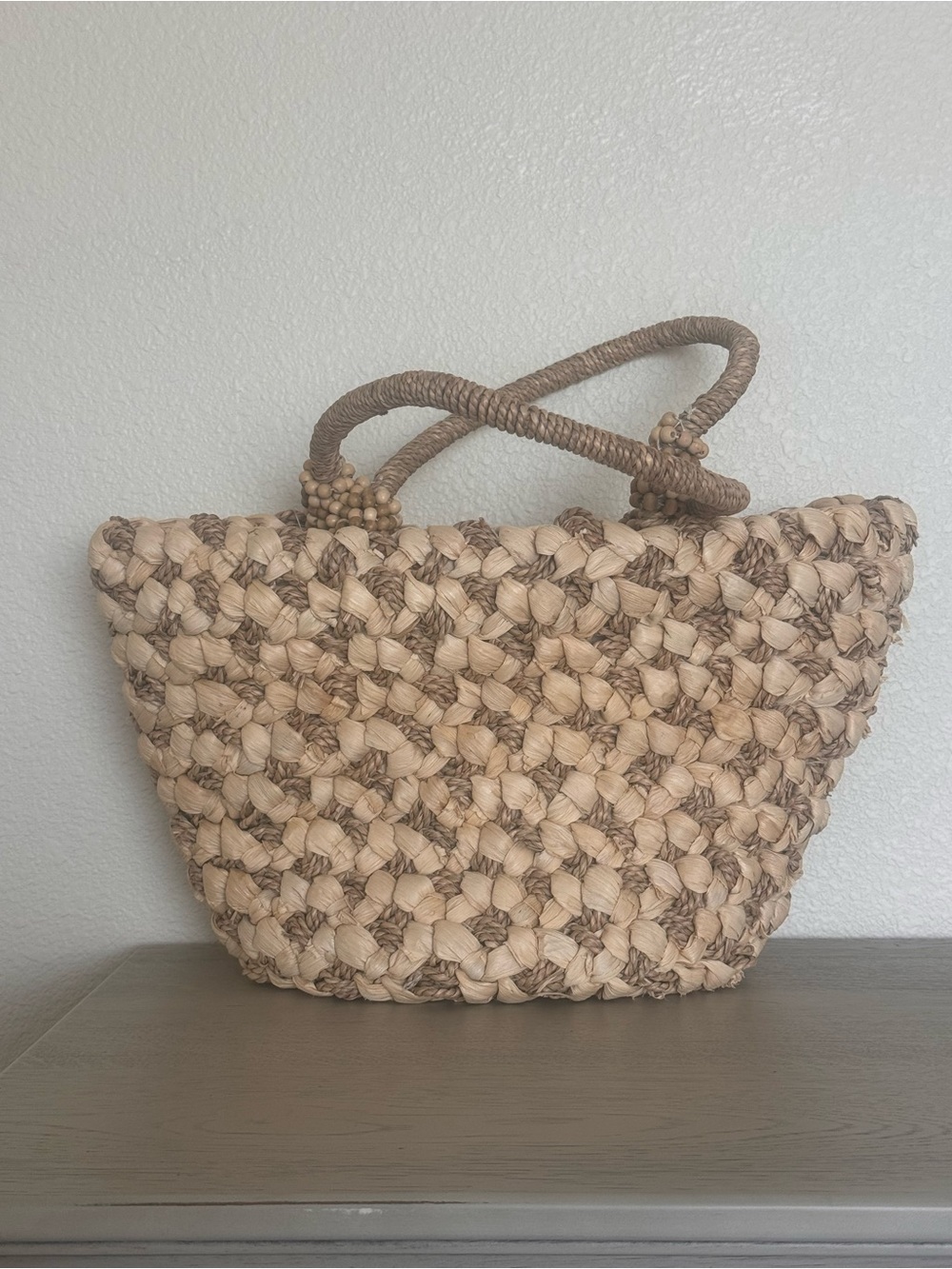 Braided Straw Tote Bag in Beige and Tan